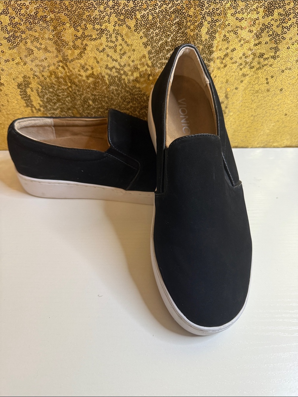 Vionic Black Suede Slip-On Sneakers with White Platform